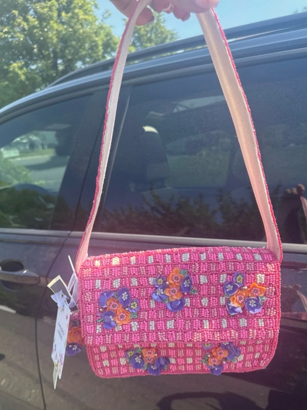 Pink Beaded Floral Shoulder Bag